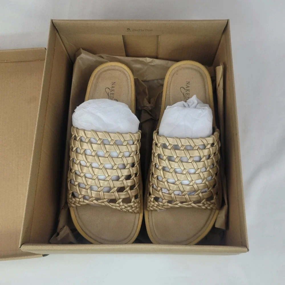 Naked Feet Cyprus Gold Woven Platform Wedge Sandals Womens 8 M080